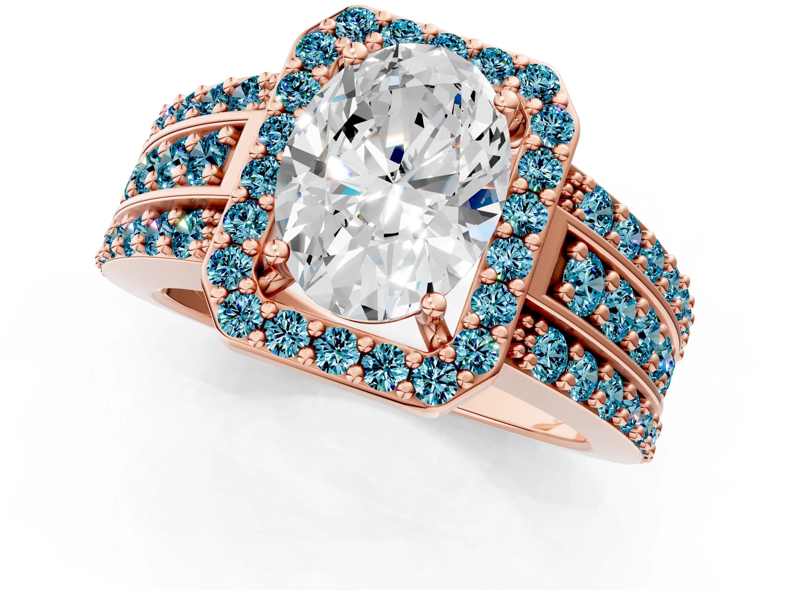 Rose gold Oval Cut Halo Diamond Ring with Round with Blue Topaz side stone Split Shank and Prong Setting_1
