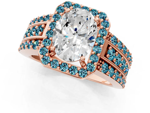 Rose gold Oval Cut Halo Diamond Ring with Round with Blue Topaz side stone Split Shank and Prong Setting_1