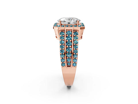 Rose gold Oval Cut Halo Diamond Ring with Round with Blue Topaz side stone Split Shank and Prong Setting_2