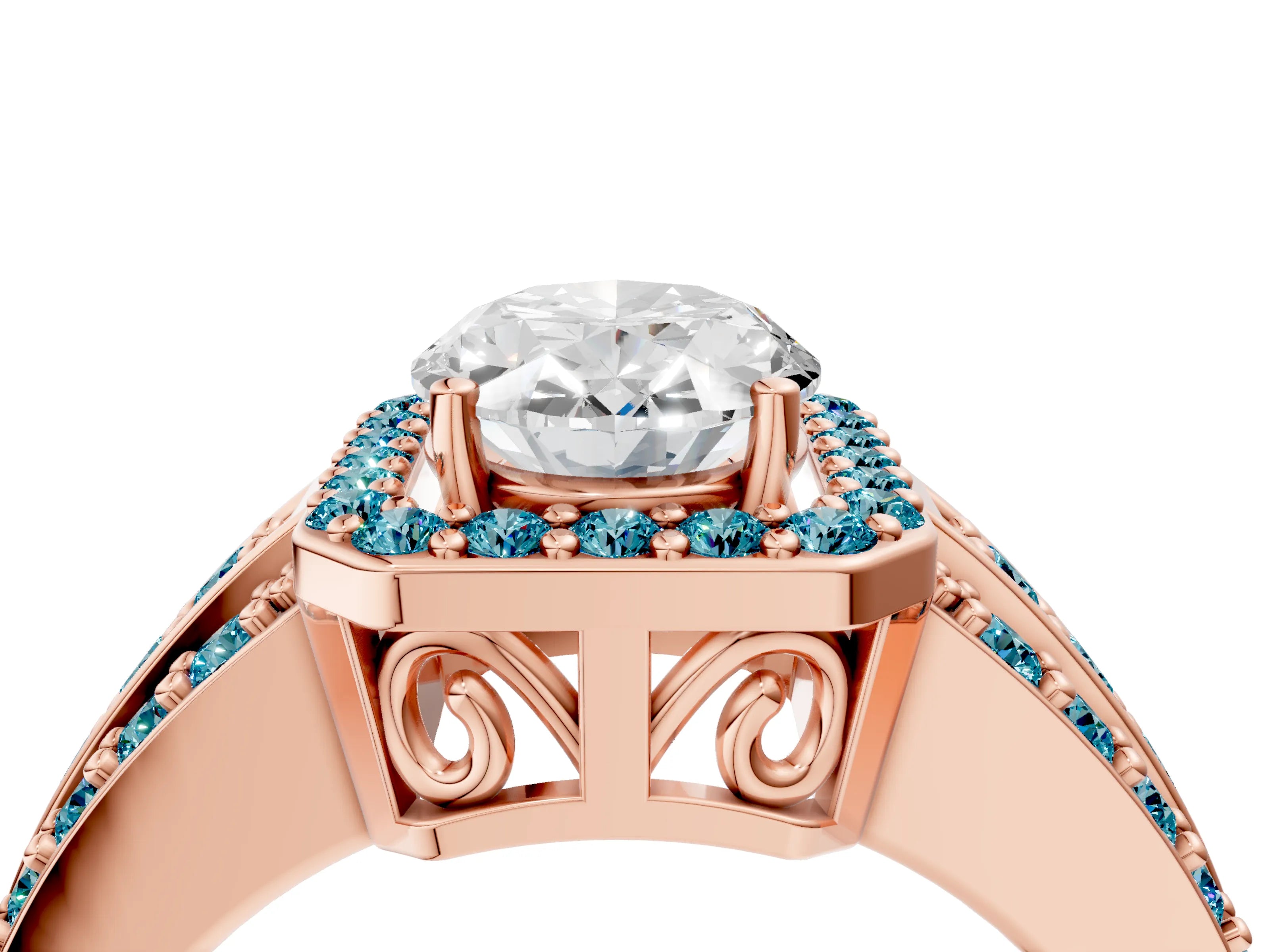 Rose gold Oval Cut Halo Diamond Ring with Round with Blue Topaz side stone Split Shank and Prong Setting_4