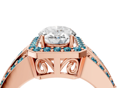 Rose gold Oval Cut Halo Diamond Ring with Round with Blue Topaz side stone Split Shank and Prong Setting_4