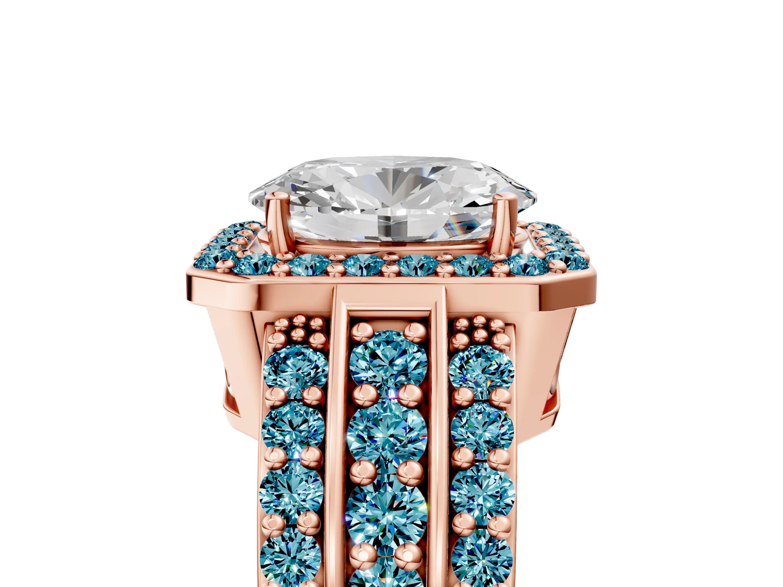 Rose gold Oval Cut Halo Diamond Ring with Round with Blue Topaz side stone Split Shank and Prong Setting_5