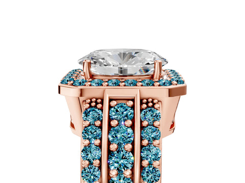 Rose gold Oval Cut Halo Diamond Ring with Round with Blue Topaz side stone Split Shank and Prong Setting_5