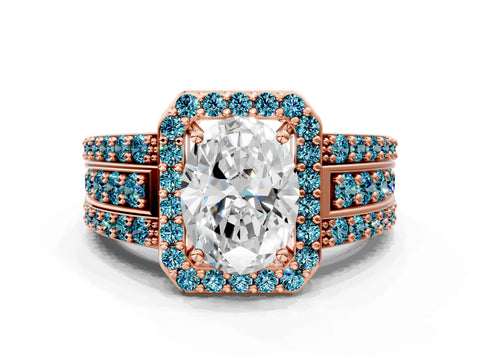 Rose gold Oval Cut Halo Diamond Ring with Round with Blue Topaz side stone Split Shank and Prong Setting