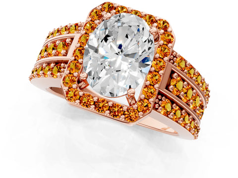 Rose gold Oval Cut Halo Diamond Ring with Round with Citrine side stone Split Shank and Prong Setting_1