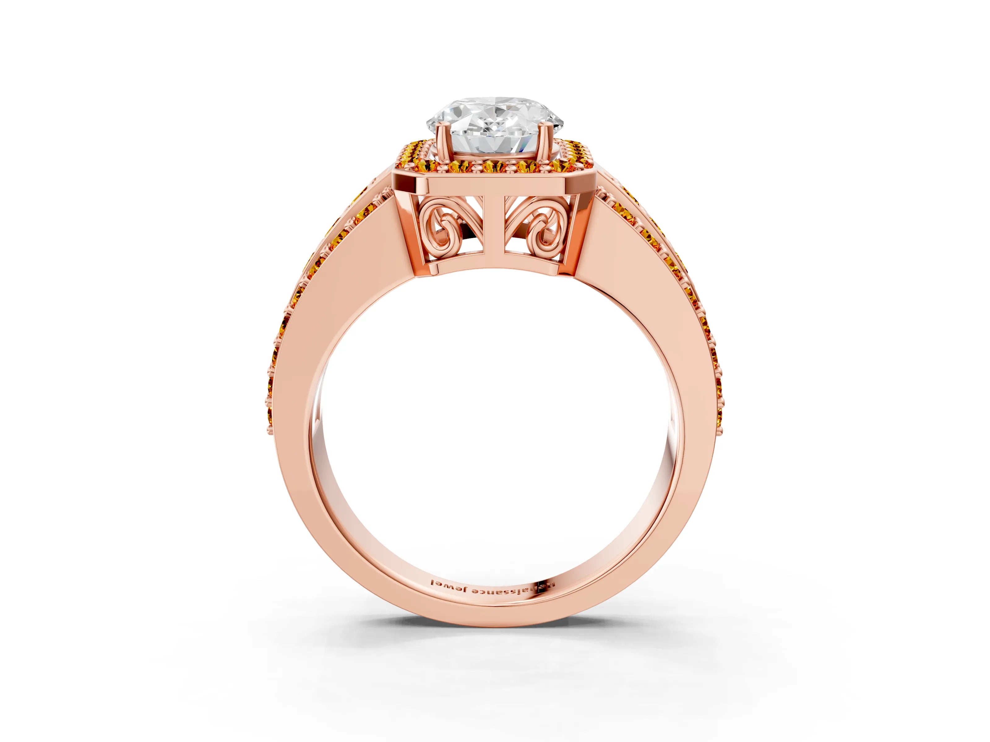 Rose gold Oval Cut Halo Diamond Ring with Round with Citrine side stone Split Shank and Prong Setting_3