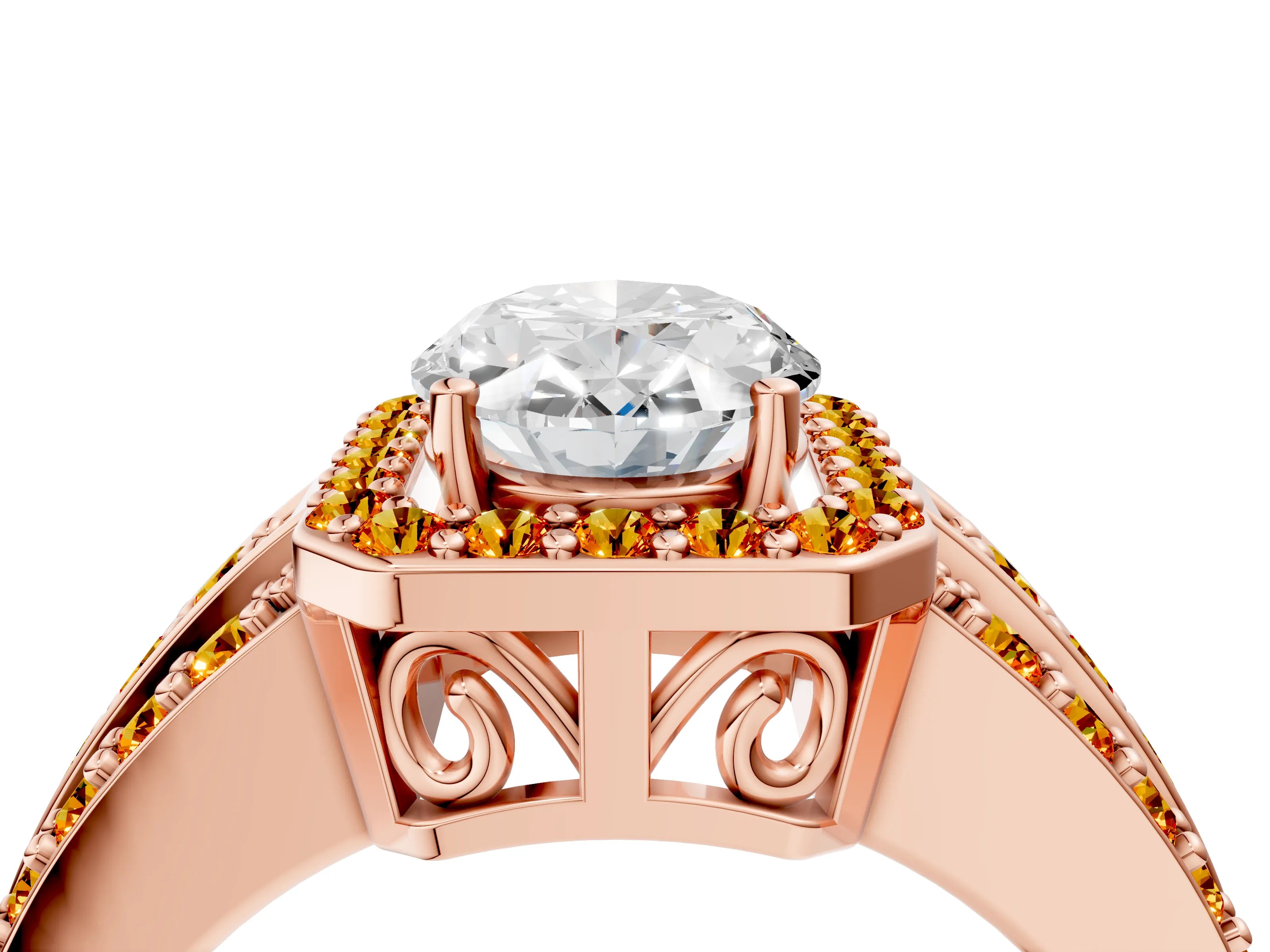 Rose gold Oval Cut Halo Diamond Ring with Round with Citrine side stone Split Shank and Prong Setting_4