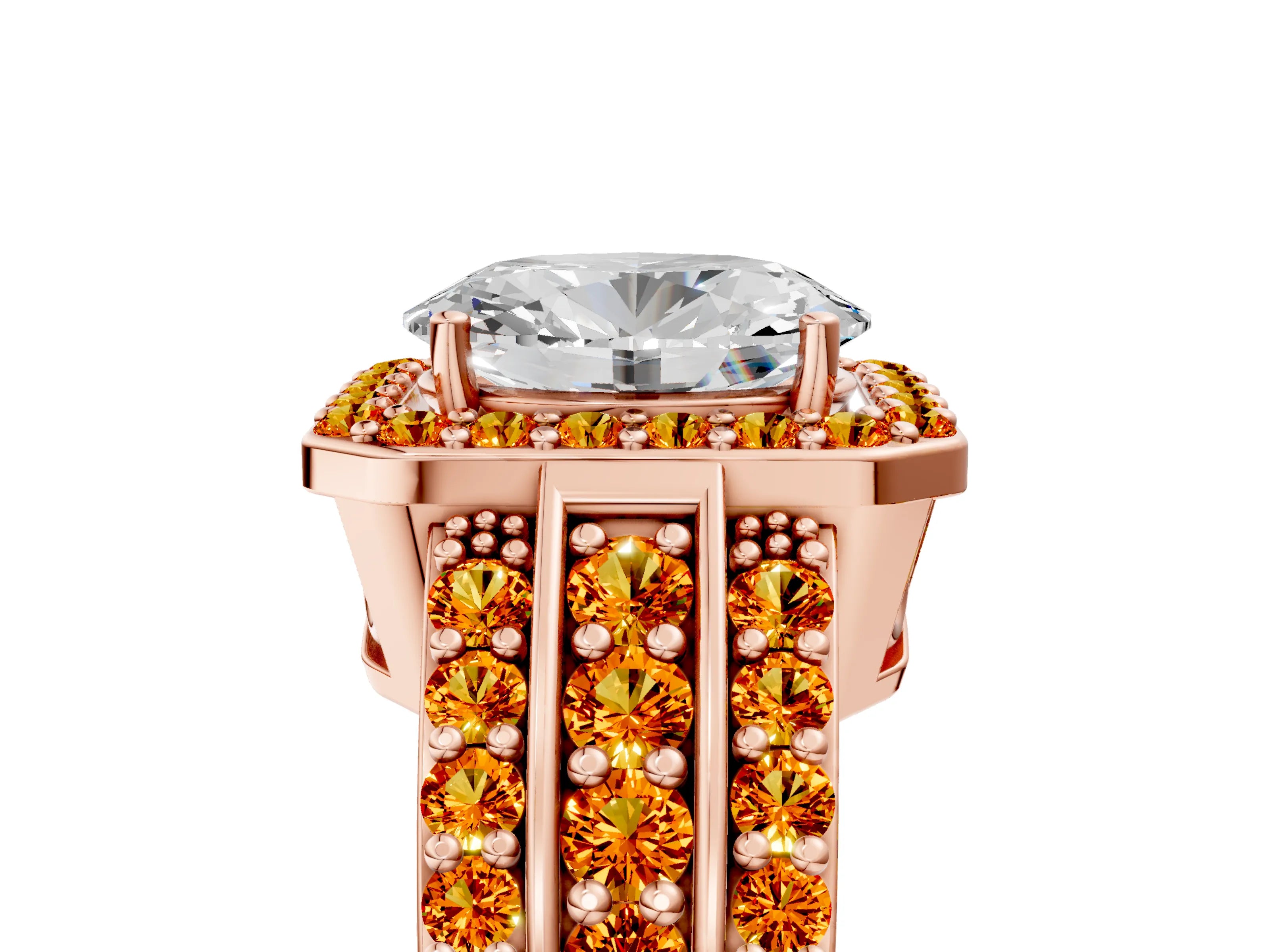 Rose gold Oval Cut Halo Diamond Ring with Round with Citrine side stone Split Shank and Prong Setting_5