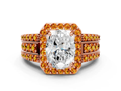 Rose gold Oval Cut Halo Diamond Ring with Round with Citrine side stone Split Shank and Prong Setting