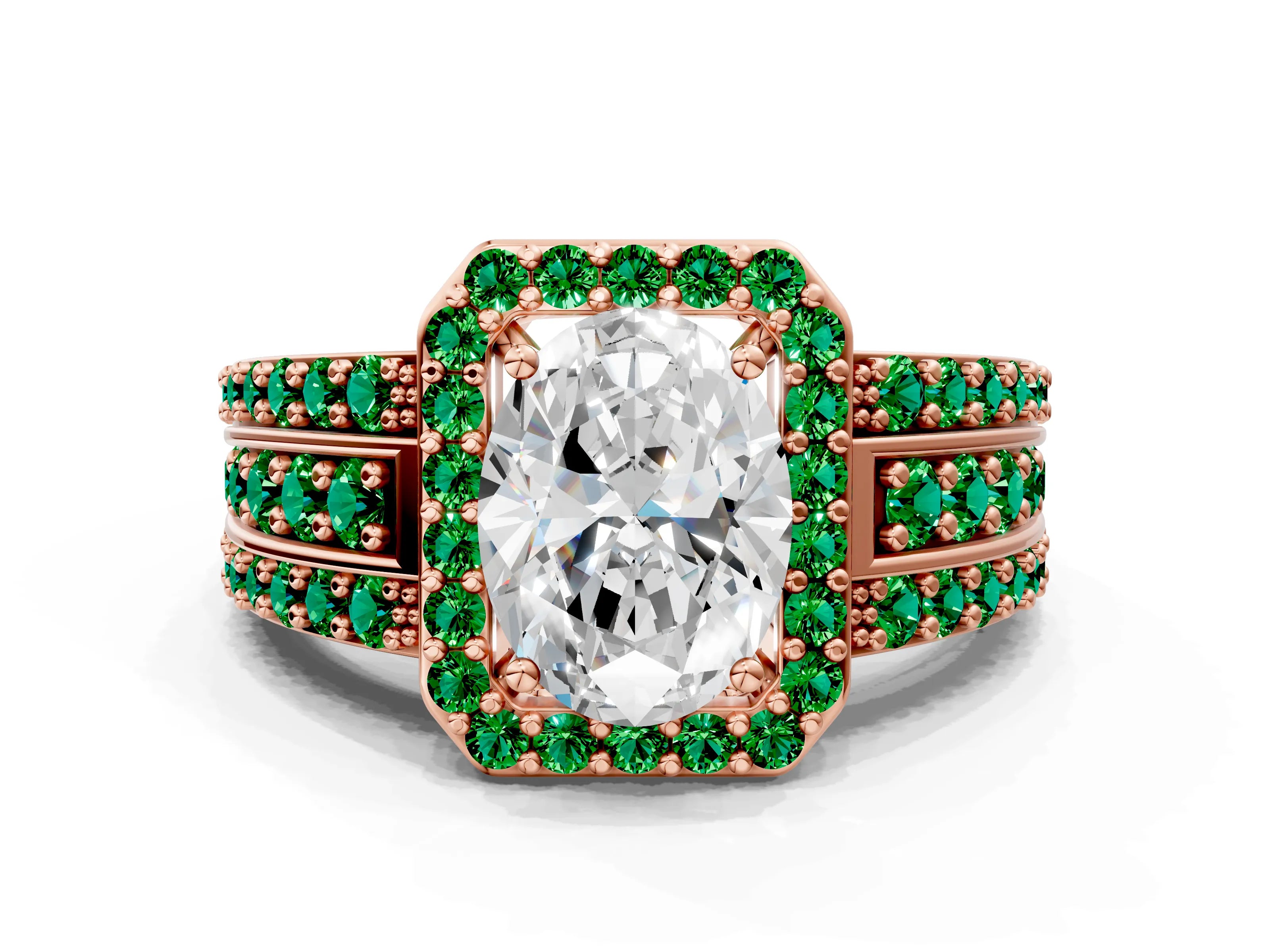 Rose gold Oval Cut Halo Diamond Ring with Round with Emerald side stone Split Shank and Prong Setting