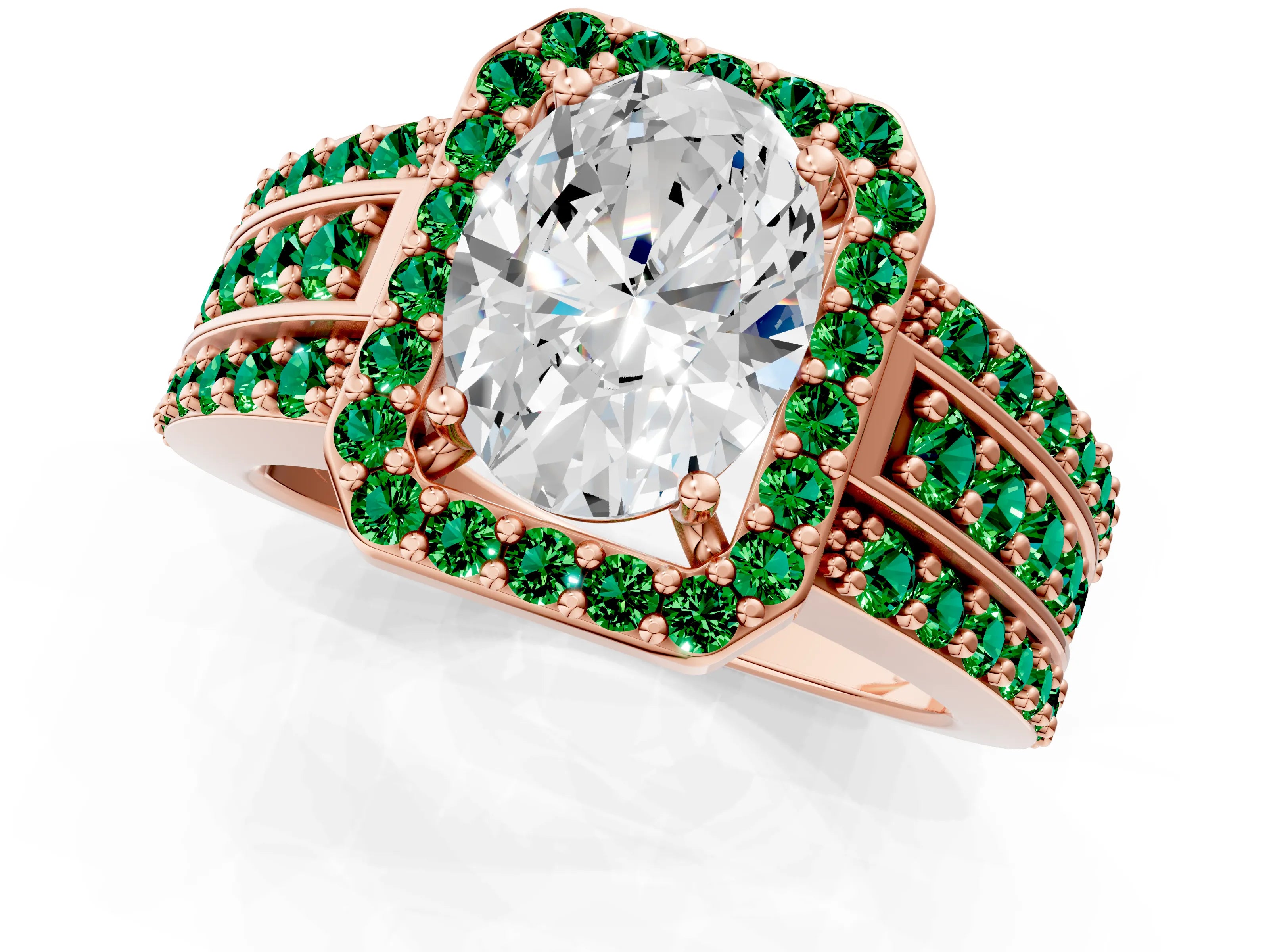 Rose gold Oval Cut Halo Diamond Ring with Round with Emerald side stone Split Shank and Prong Setting_1