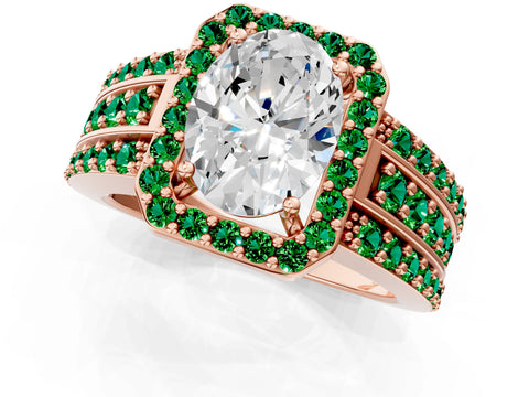 Rose gold Oval Cut Halo Diamond Ring with Round with Emerald side stone Split Shank and Prong Setting_1