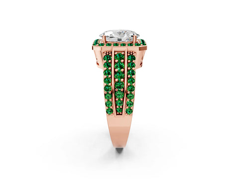 Rose gold Oval Cut Halo Diamond Ring with Round with Emerald side stone Split Shank and Prong Setting_2