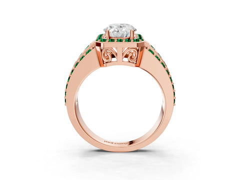 Rose gold Oval Cut Halo Diamond Ring with Round with Emerald side stone Split Shank and Prong Setting_3