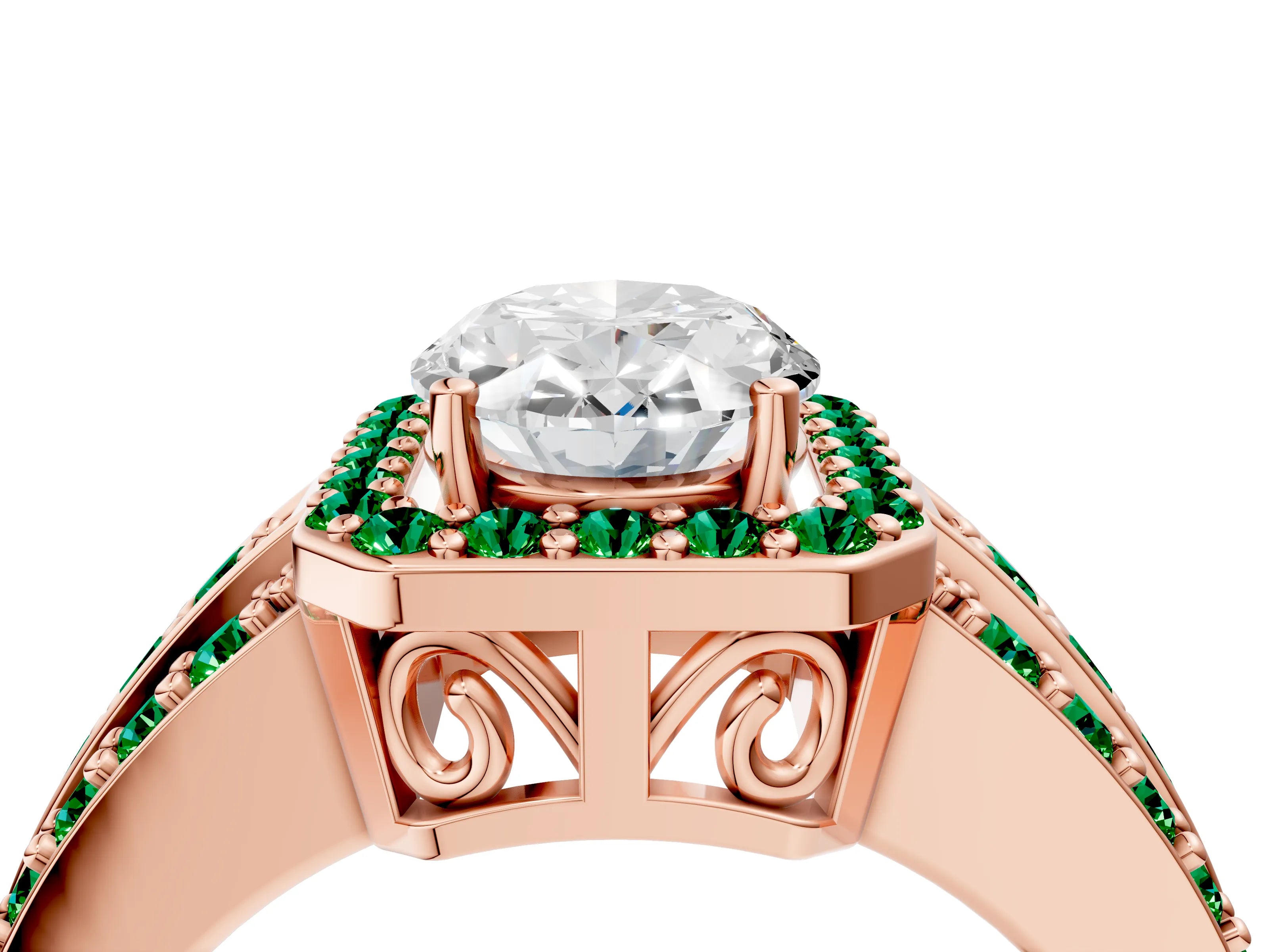 Rose gold Oval Cut Halo Diamond Ring with Round with Emerald side stone Split Shank and Prong Setting_4
