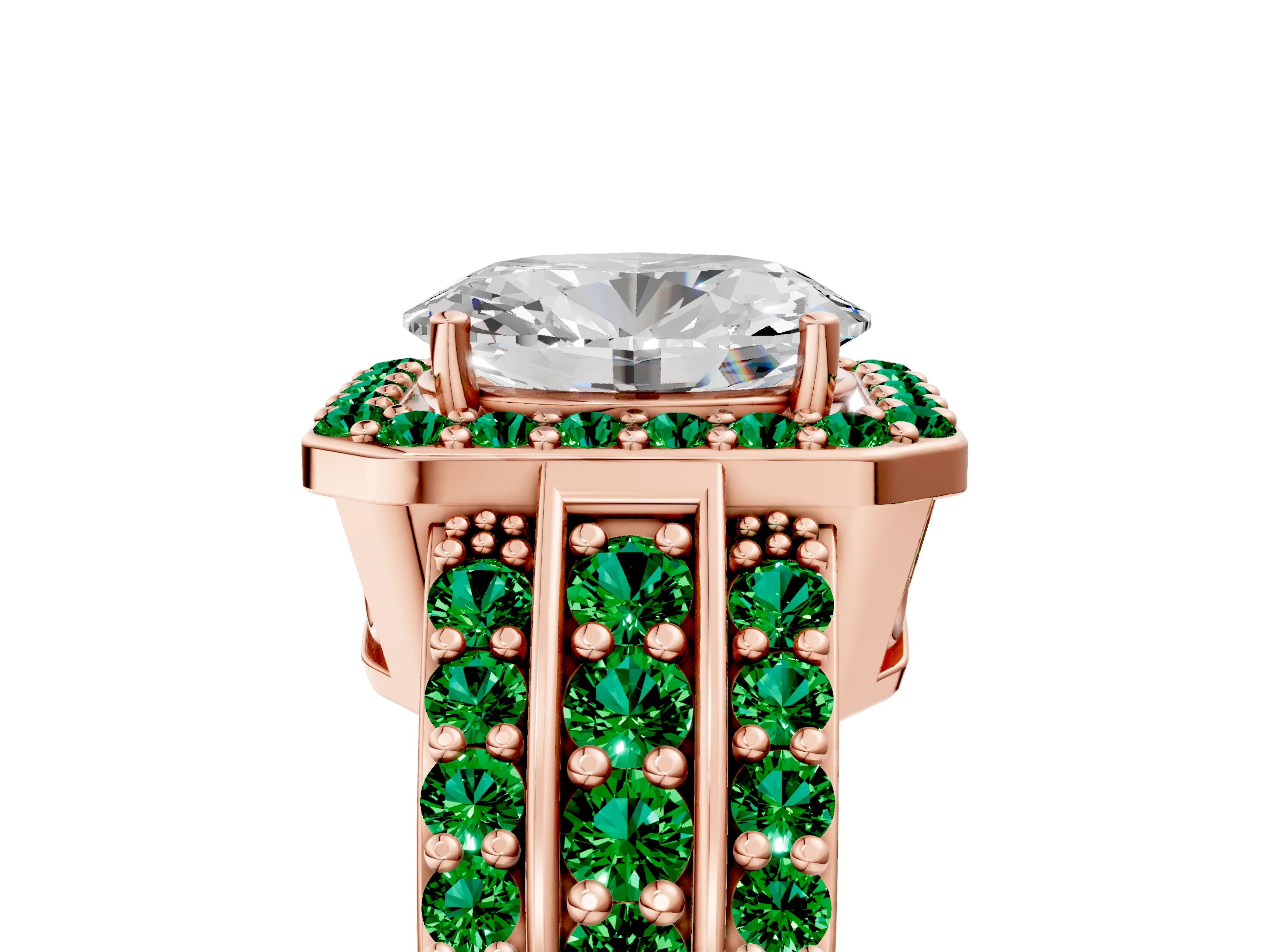 Rose gold Oval Cut Halo Diamond Ring with Round with Emerald side stone Split Shank and Prong Setting_5