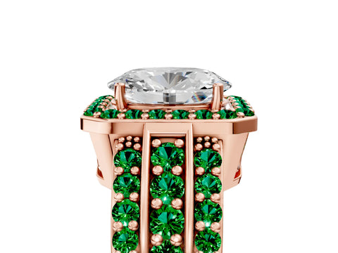 Rose gold Oval Cut Halo Diamond Ring with Round with Emerald side stone Split Shank and Prong Setting_5