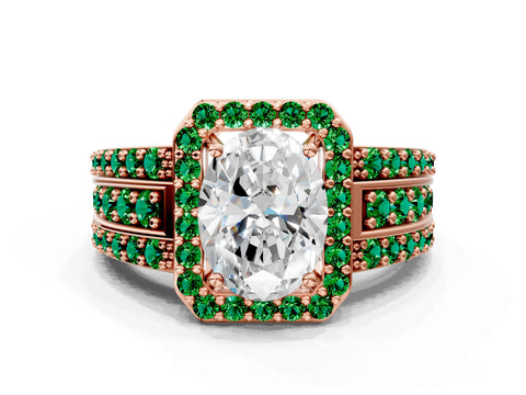 Rose gold Oval Cut Halo Diamond Ring with Round with Emerald side stone Split Shank and Prong Setting