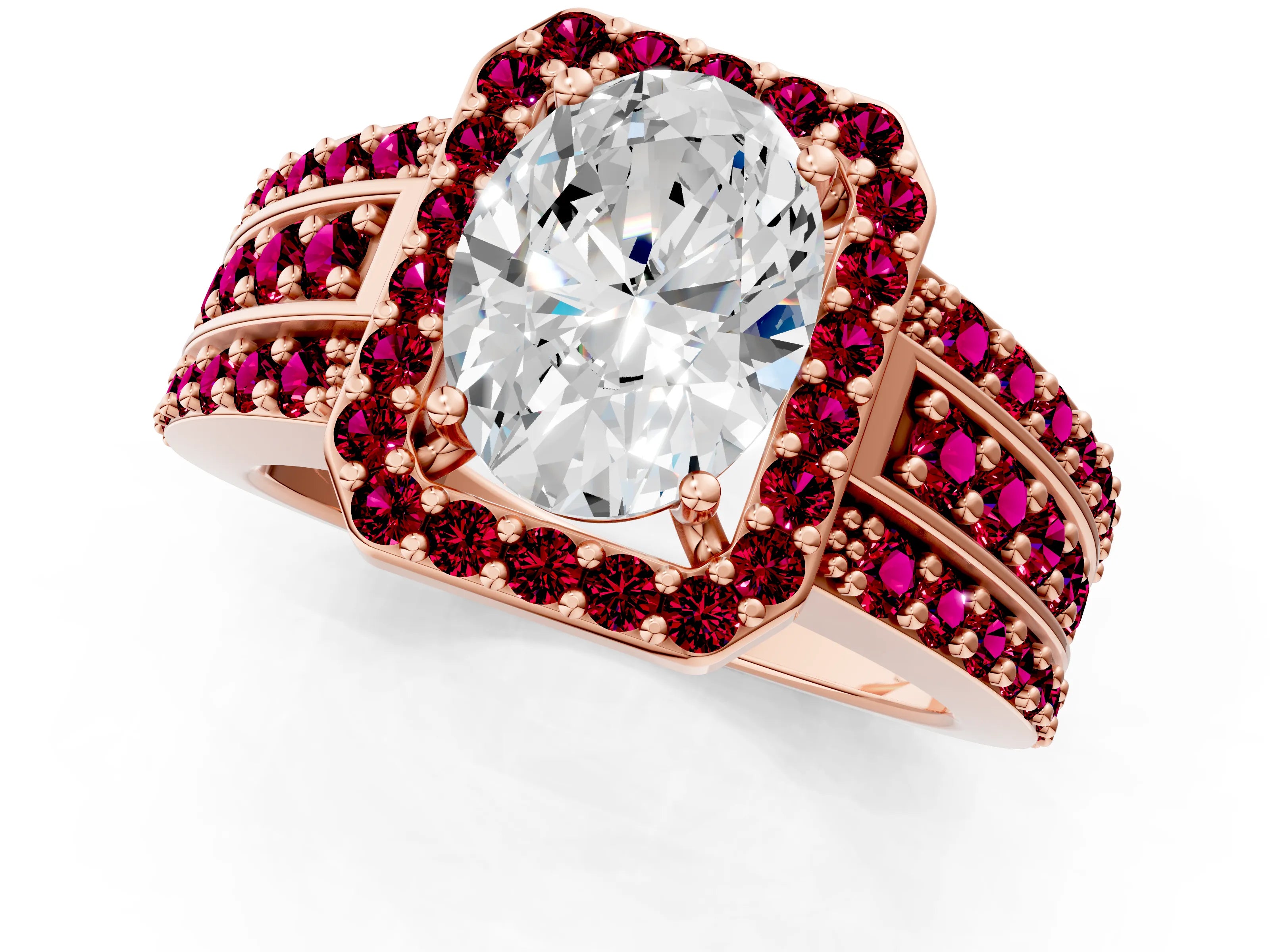 Rose gold Oval Cut Halo Diamond Ring with Round with Garnet side stone Split Shank and Prong Setting_1