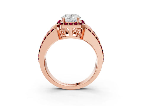 Rose gold Oval Cut Halo Diamond Ring with Round with Garnet side stone Split Shank and Prong Setting_3