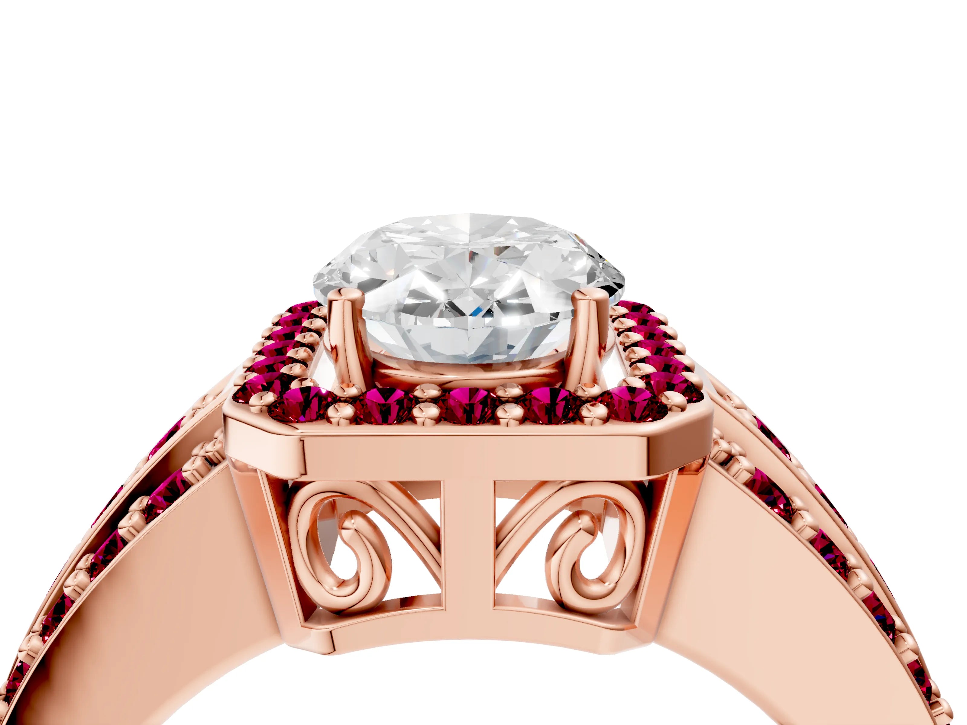 Rose gold Oval Cut Halo Diamond Ring with Round with Garnet side stone Split Shank and Prong Setting_4