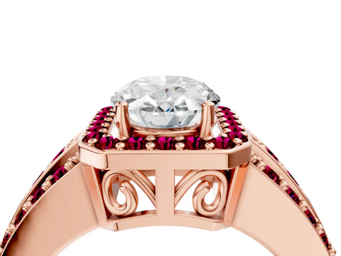 Rose gold Oval Cut Halo Diamond Ring with Round with Garnet side stone Split Shank and Prong Setting_4