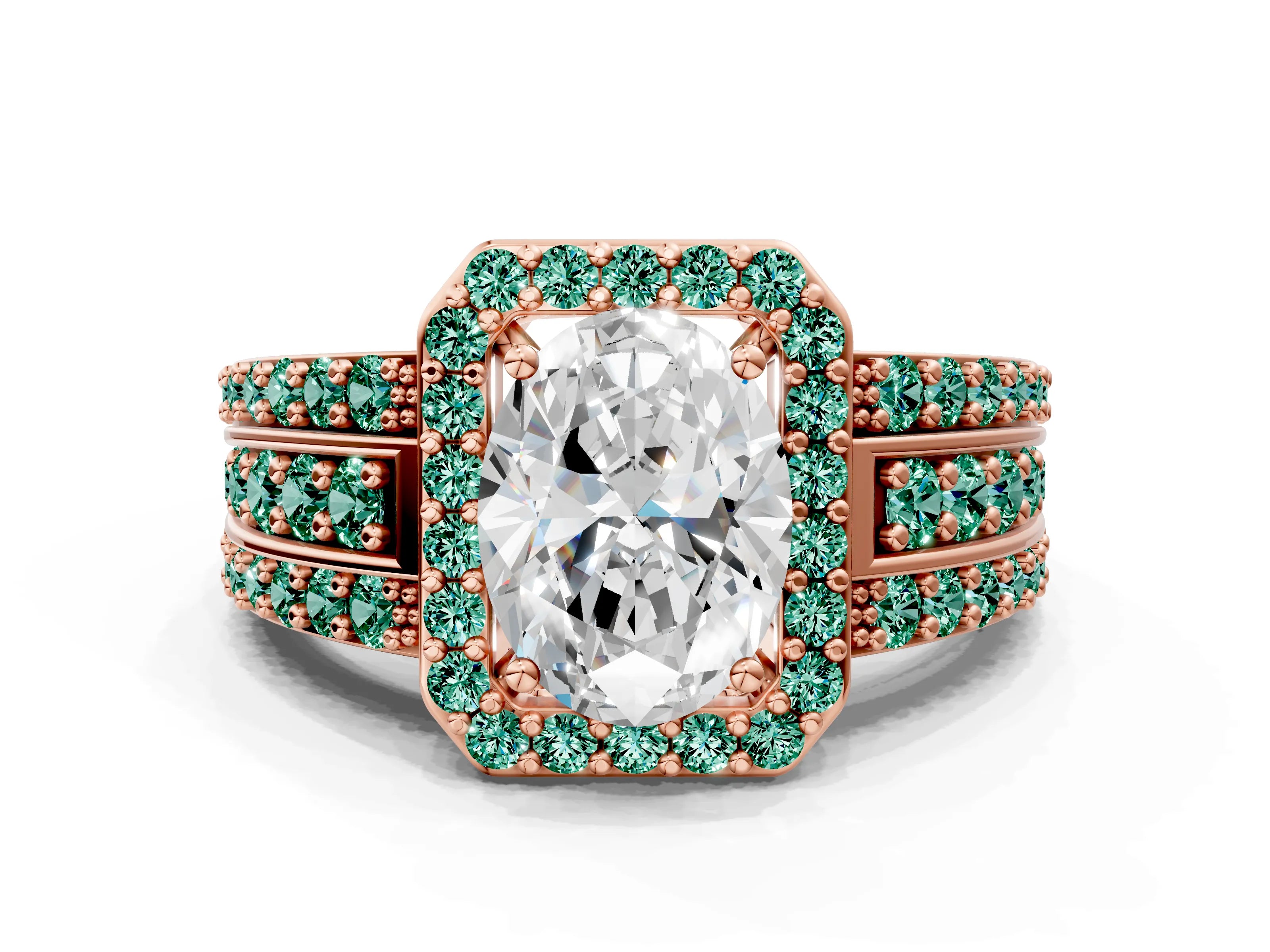 Rose gold Oval Cut Halo Diamond Ring with Round with Green Sapphire side stone Split Shank and Prong Setting