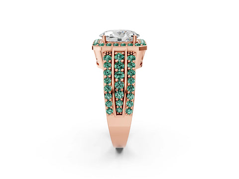 Rose gold Oval Cut Halo Diamond Ring with Round with Green Sapphire side stone Split Shank and Prong Setting_2