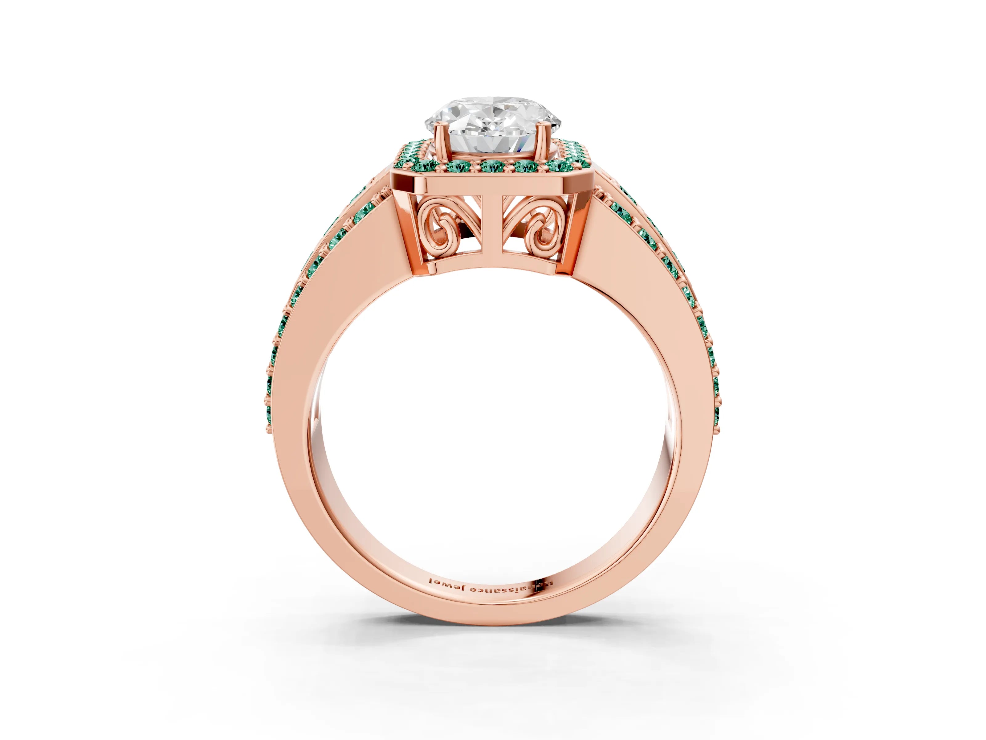 Rose gold Oval Cut Halo Diamond Ring with Round with Green Sapphire side stone Split Shank and Prong Setting_3