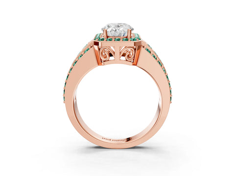 Rose gold Oval Cut Halo Diamond Ring with Round with Green Sapphire side stone Split Shank and Prong Setting_3
