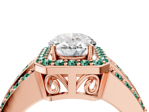 Rose gold Oval Cut Halo Diamond Ring with Round with Green Sapphire side stone Split Shank and Prong Setting_4