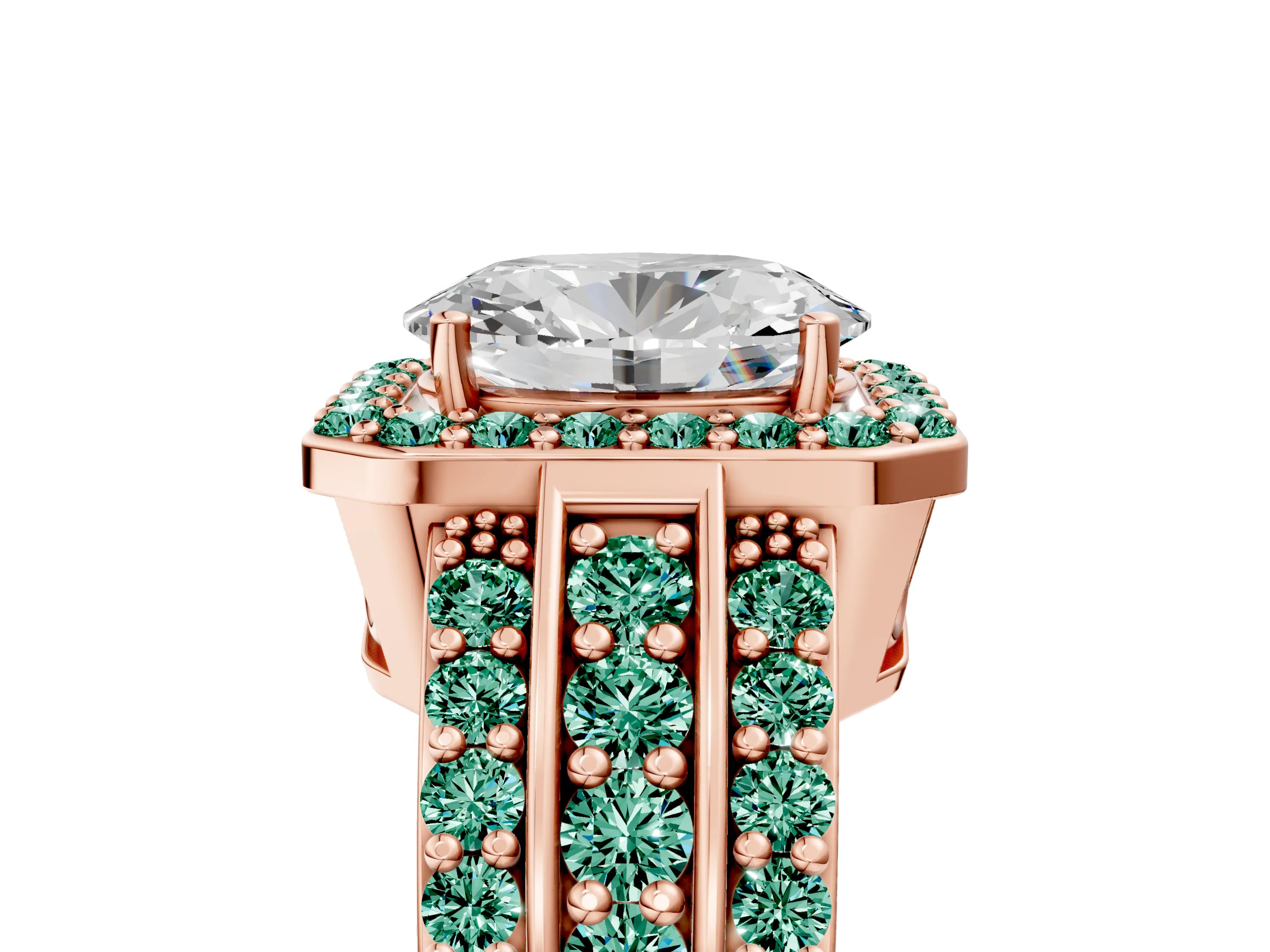 Rose gold Oval Cut Halo Diamond Ring with Round with Green Sapphire side stone Split Shank and Prong Setting_5