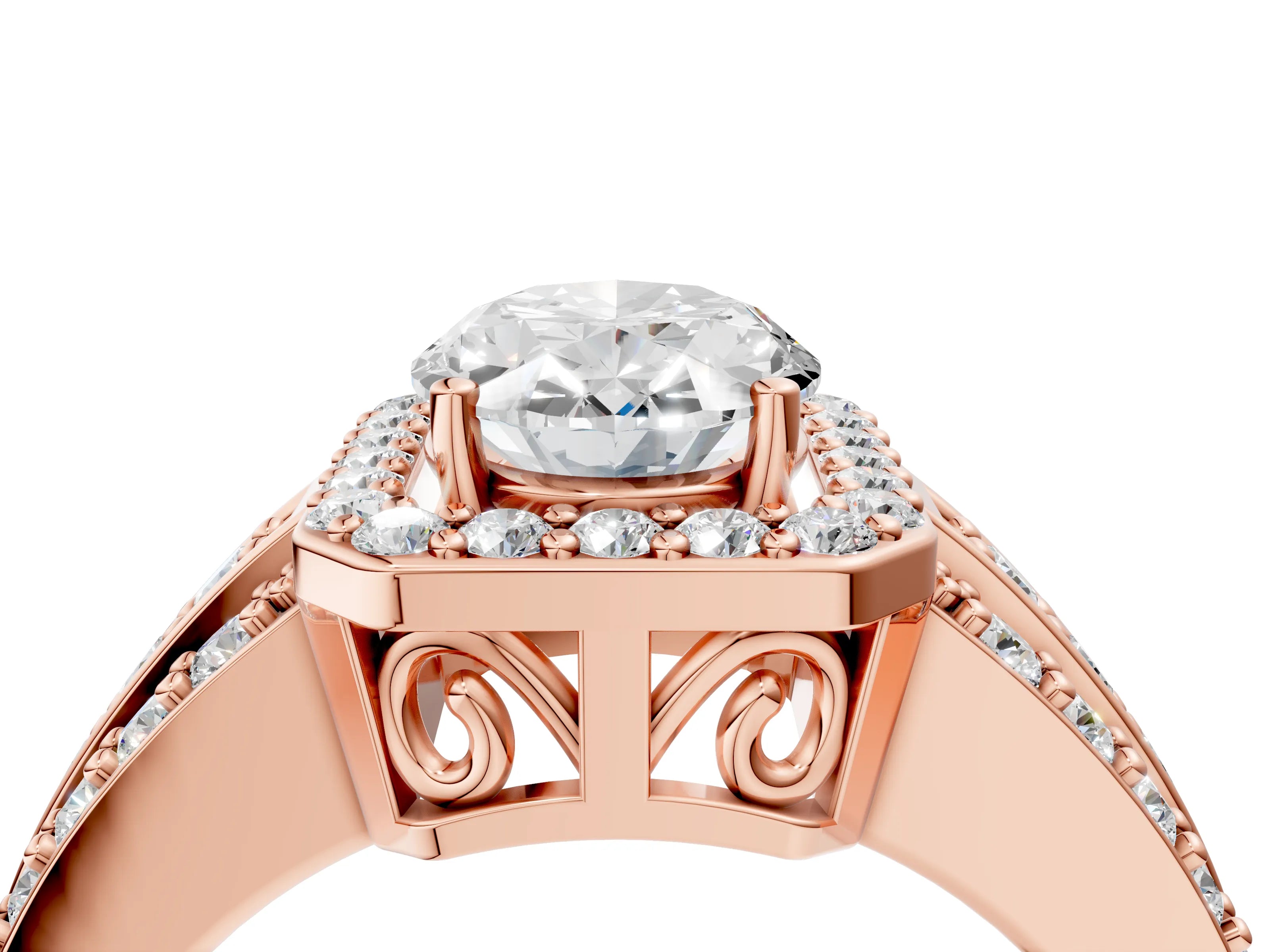 Rose gold Oval Cut Halo Diamond Ring with Round with Moissanite side stone Split Shank and Prong Setting_4