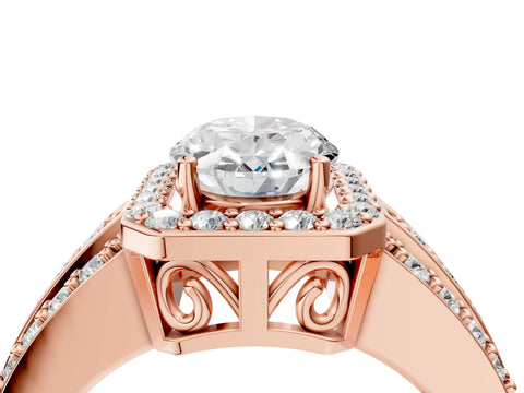 Rose gold Oval Cut Halo Diamond Ring with Round with Moissanite side stone Split Shank and Prong Setting_4