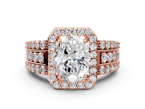 Rose gold Oval Cut Halo Diamond Ring with Round with Moissanite side stone Split Shank and Prong Setting