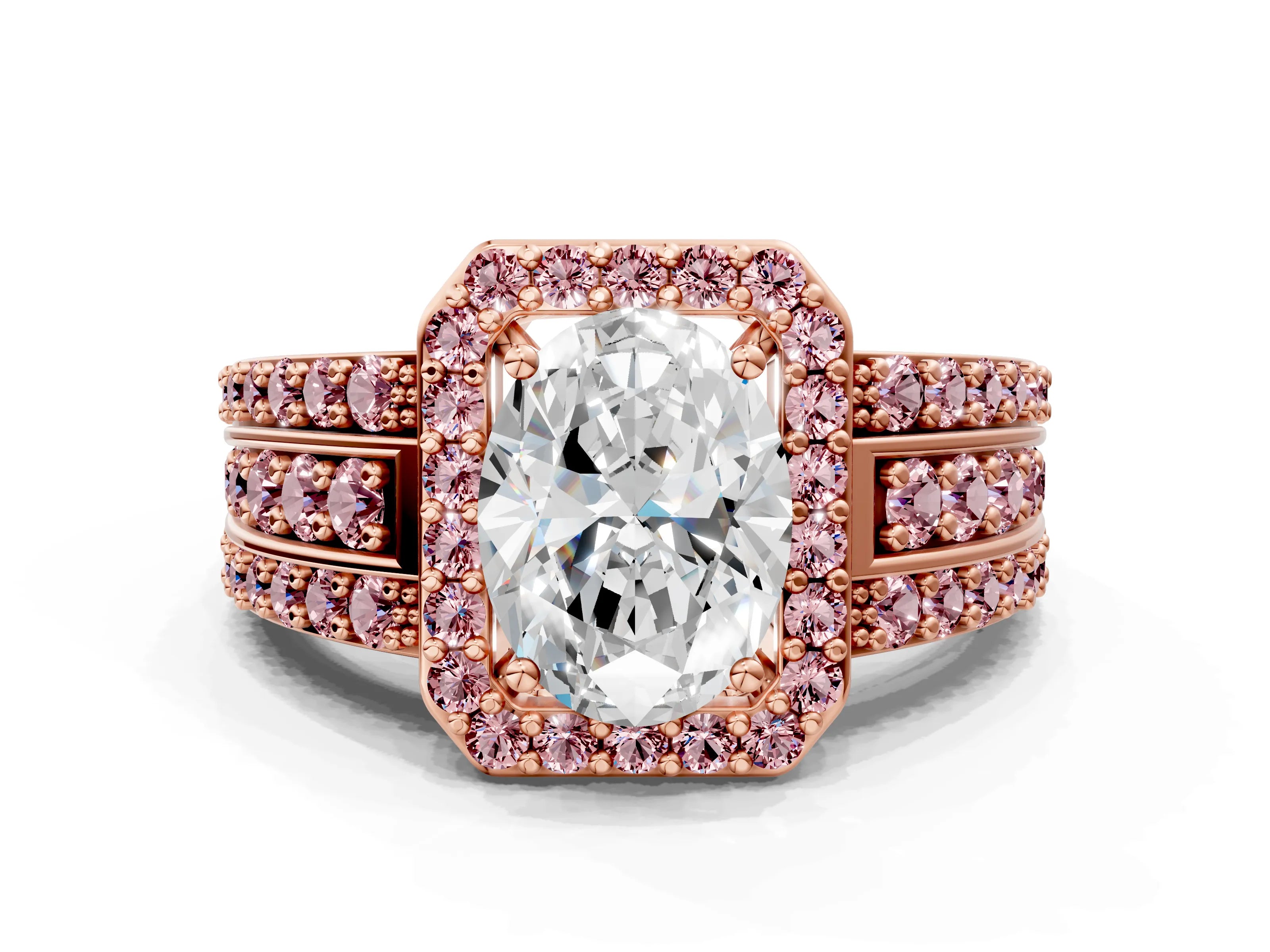 Rose gold Oval Cut Halo Diamond Ring with Round with Morganite side stone Split Shank and Prong Setting