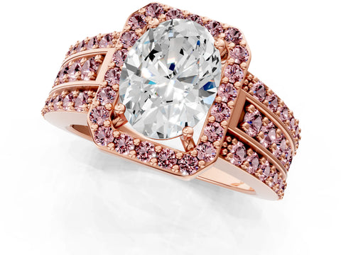 Rose gold Oval Cut Halo Diamond Ring with Round with Morganite side stone Split Shank and Prong Setting_1