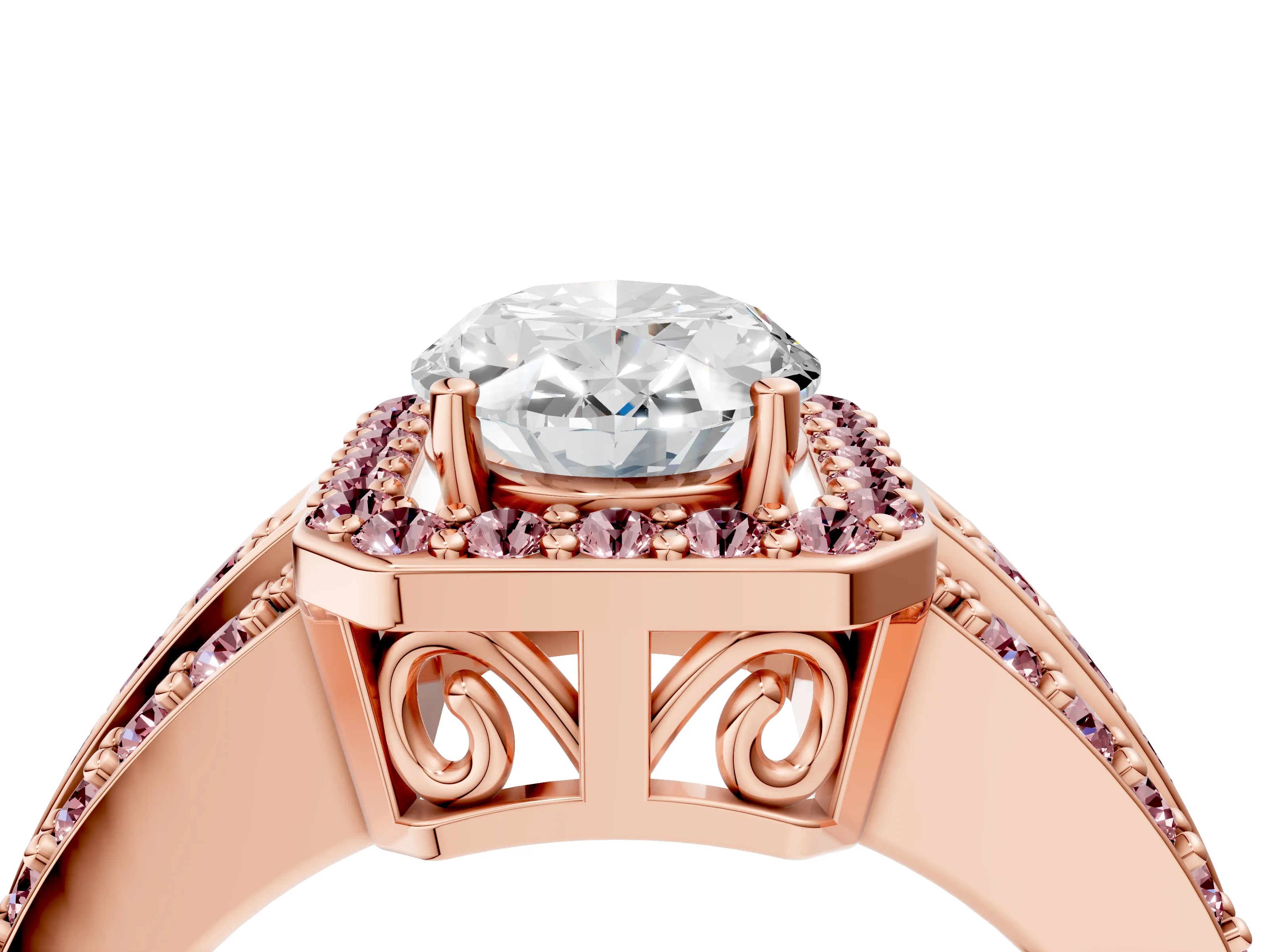 Rose gold Oval Cut Halo Diamond Ring with Round with Morganite side stone Split Shank and Prong Setting_4