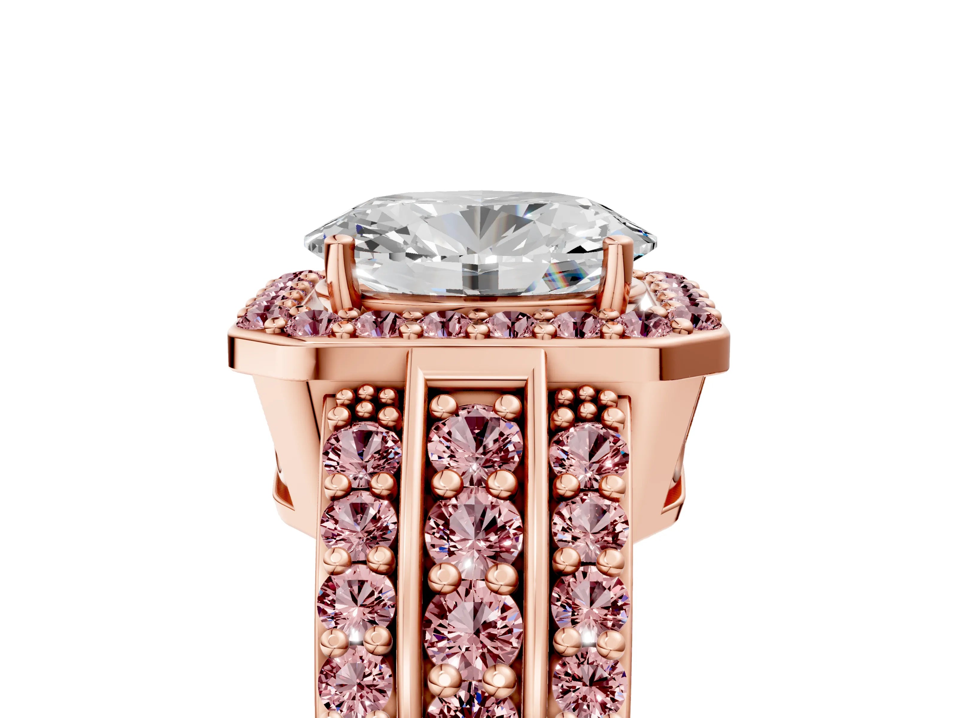 Rose gold Oval Cut Halo Diamond Ring with Round with Morganite side stone Split Shank and Prong Setting_5