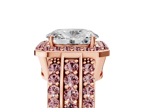 Rose gold Oval Cut Halo Diamond Ring with Round with Morganite side stone Split Shank and Prong Setting_5