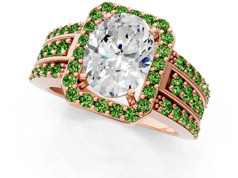 Rose gold Oval Cut Halo Diamond Ring with Round with Peridot side stone Split Shank and Prong Setting_1