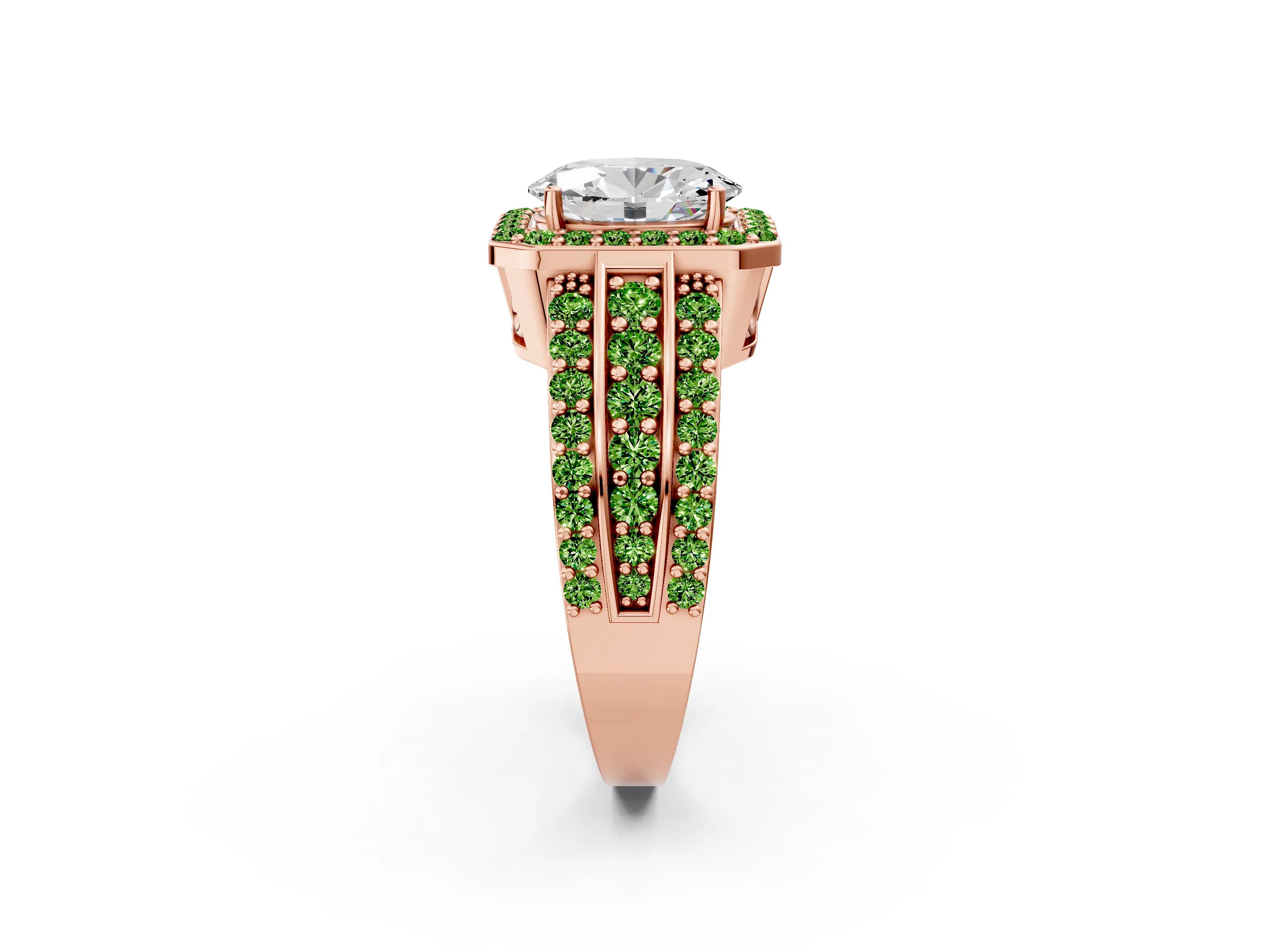 Rose gold Oval Cut Halo Diamond Ring with Round with Peridot side stone Split Shank and Prong Setting_2