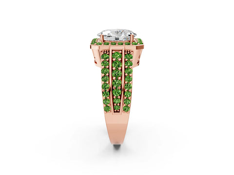 Rose gold Oval Cut Halo Diamond Ring with Round with Peridot side stone Split Shank and Prong Setting_2