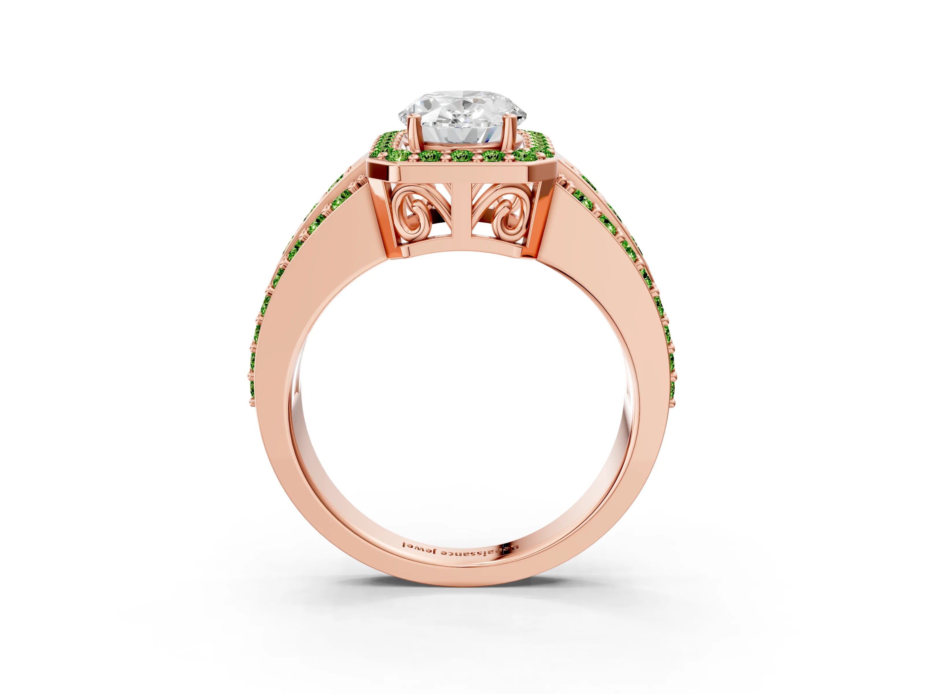 Rose gold Oval Cut Halo Diamond Ring with Round with Peridot side stone Split Shank and Prong Setting_3