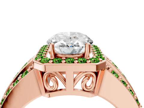 Rose gold Oval Cut Halo Diamond Ring with Round with Peridot side stone Split Shank and Prong Setting_4