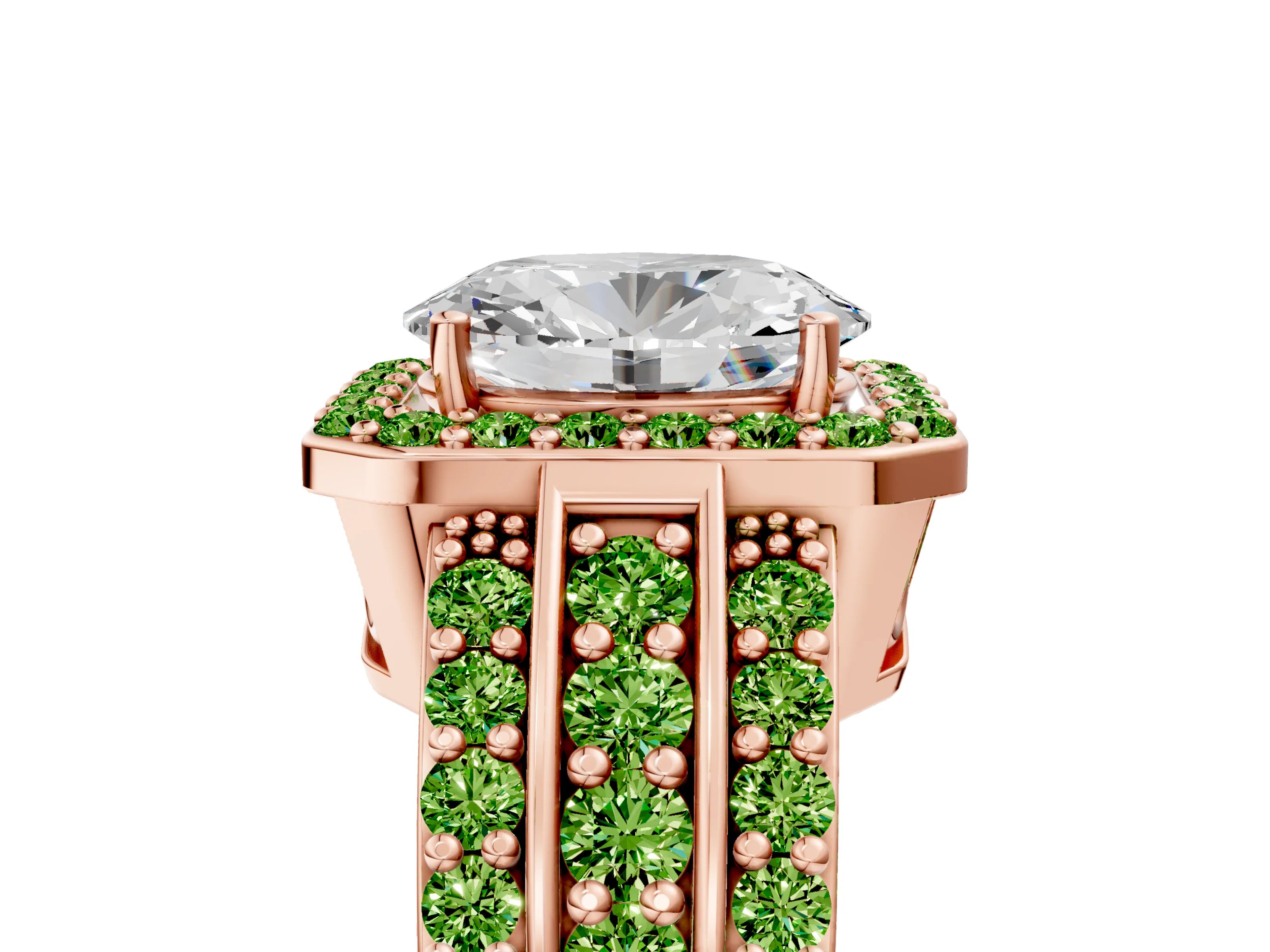 Rose gold Oval Cut Halo Diamond Ring with Round with Peridot side stone Split Shank and Prong Setting_5