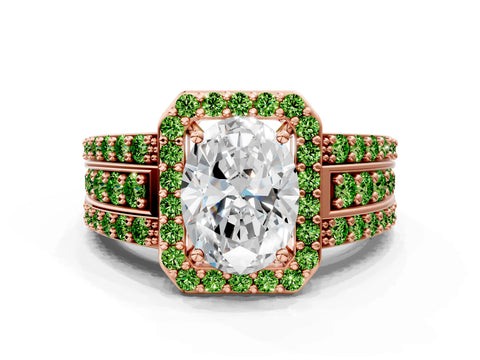 Rose gold Oval Cut Halo Diamond Ring with Round with Peridot side stone Split Shank and Prong Setting