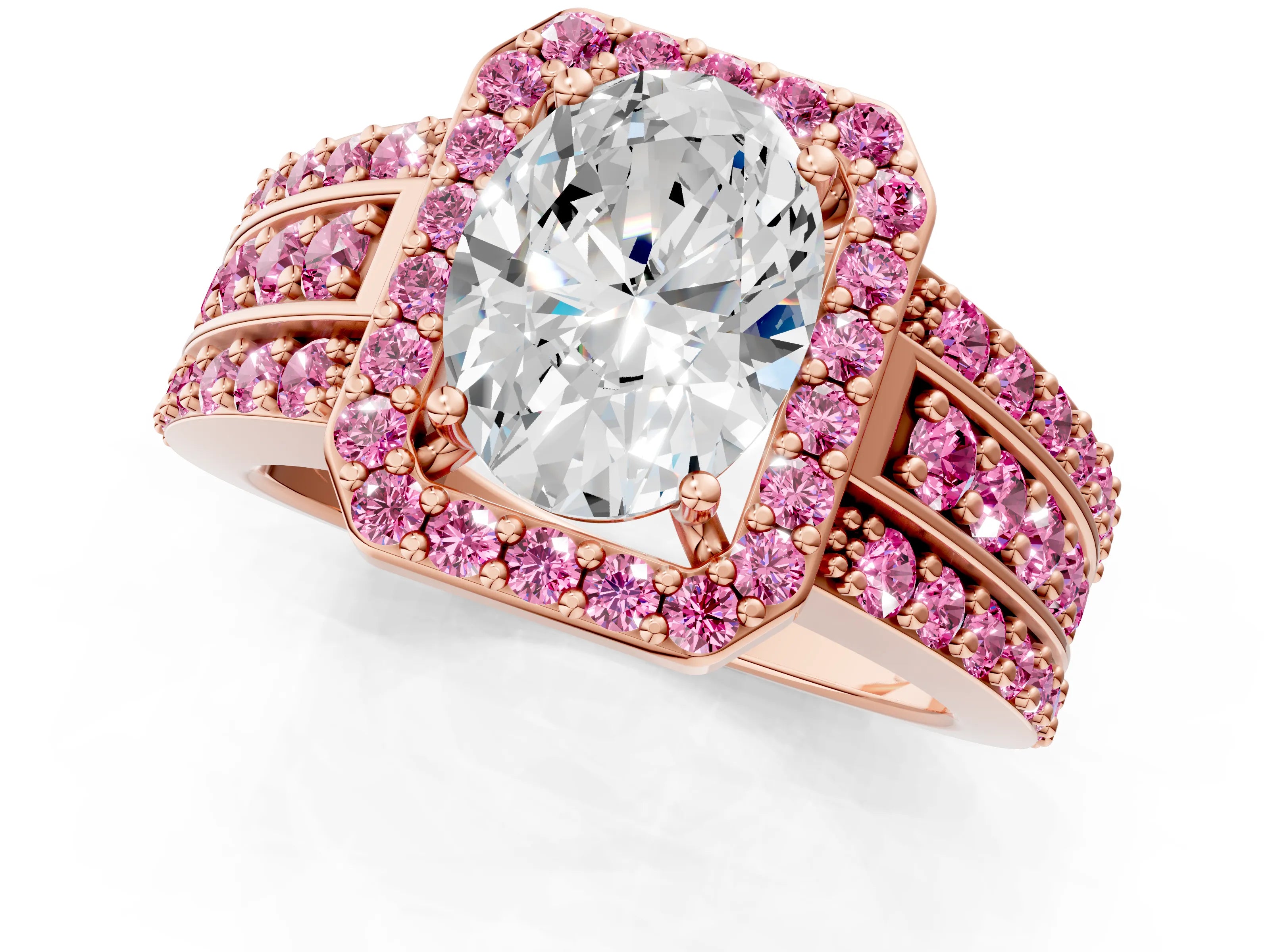Rose gold Oval Cut Halo Diamond Ring with Round with Pink Sapphire side stone Split Shank and Prong Setting_1