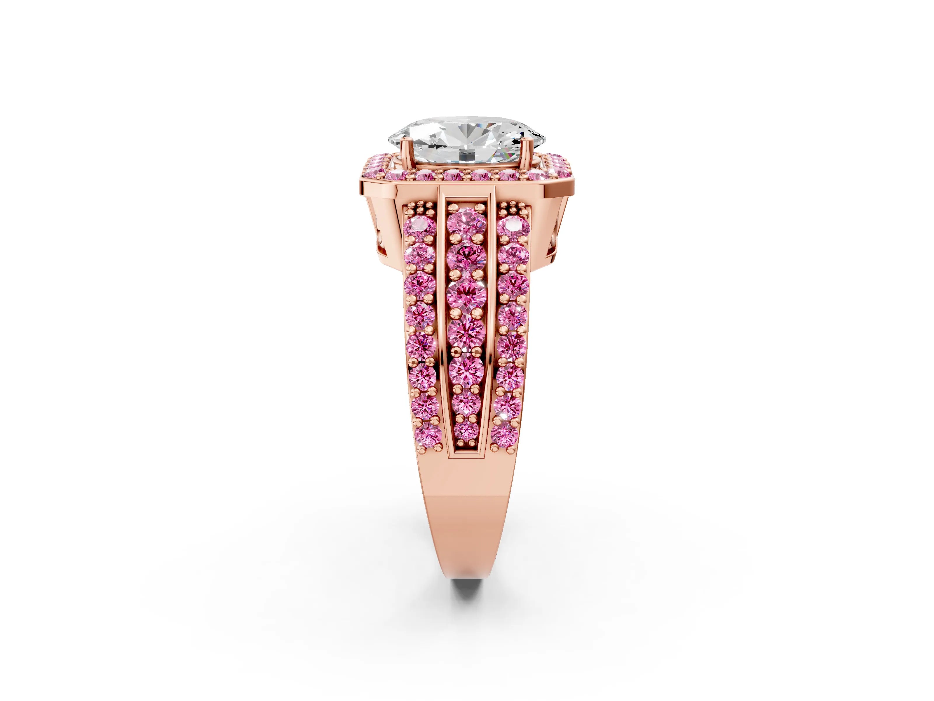 Rose gold Oval Cut Halo Diamond Ring with Round with Pink Sapphire side stone Split Shank and Prong Setting_2