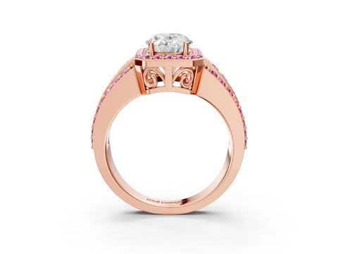 Rose gold Oval Cut Halo Diamond Ring with Round with Pink Sapphire side stone Split Shank and Prong Setting_3